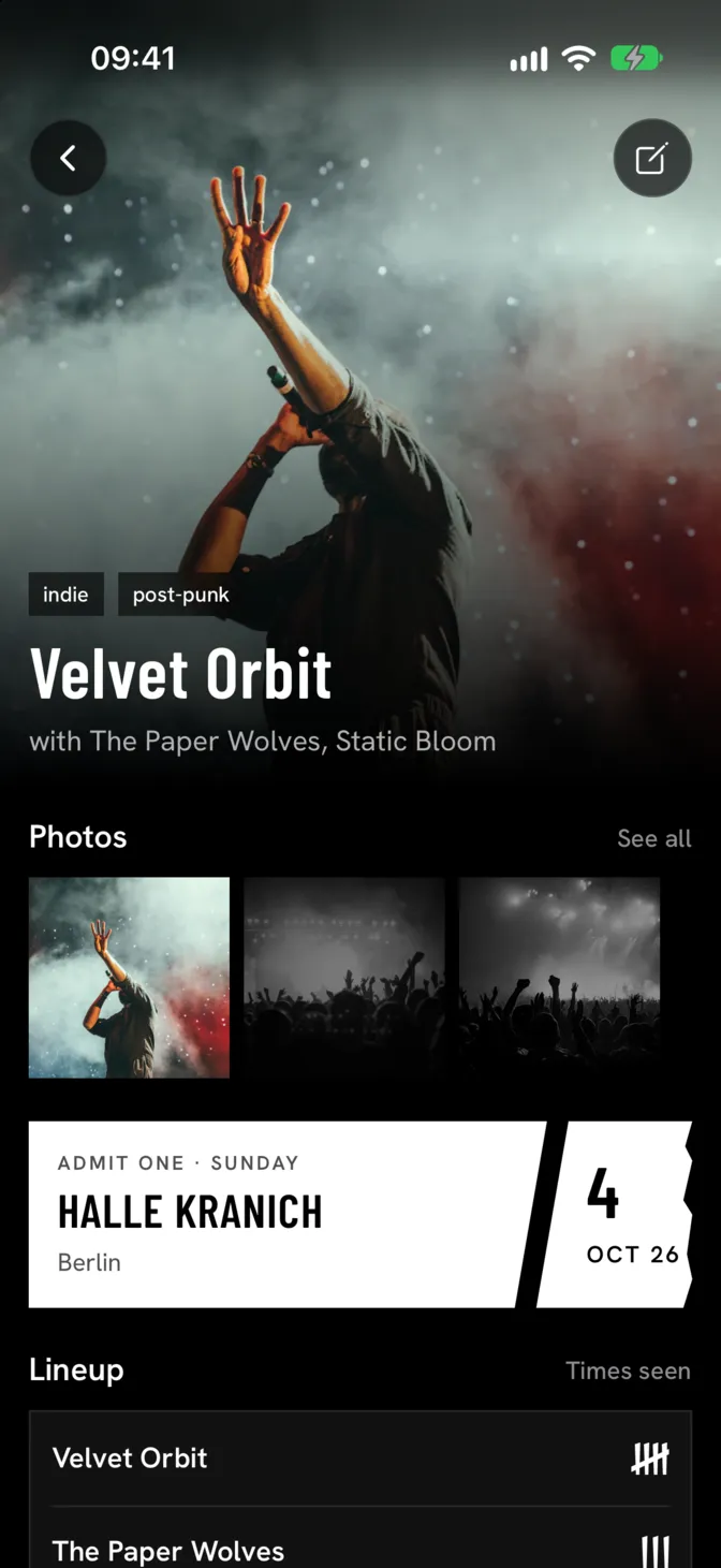 Concert detail with the headliner photo, a photo strip, a ticket with location and date, and the line-up