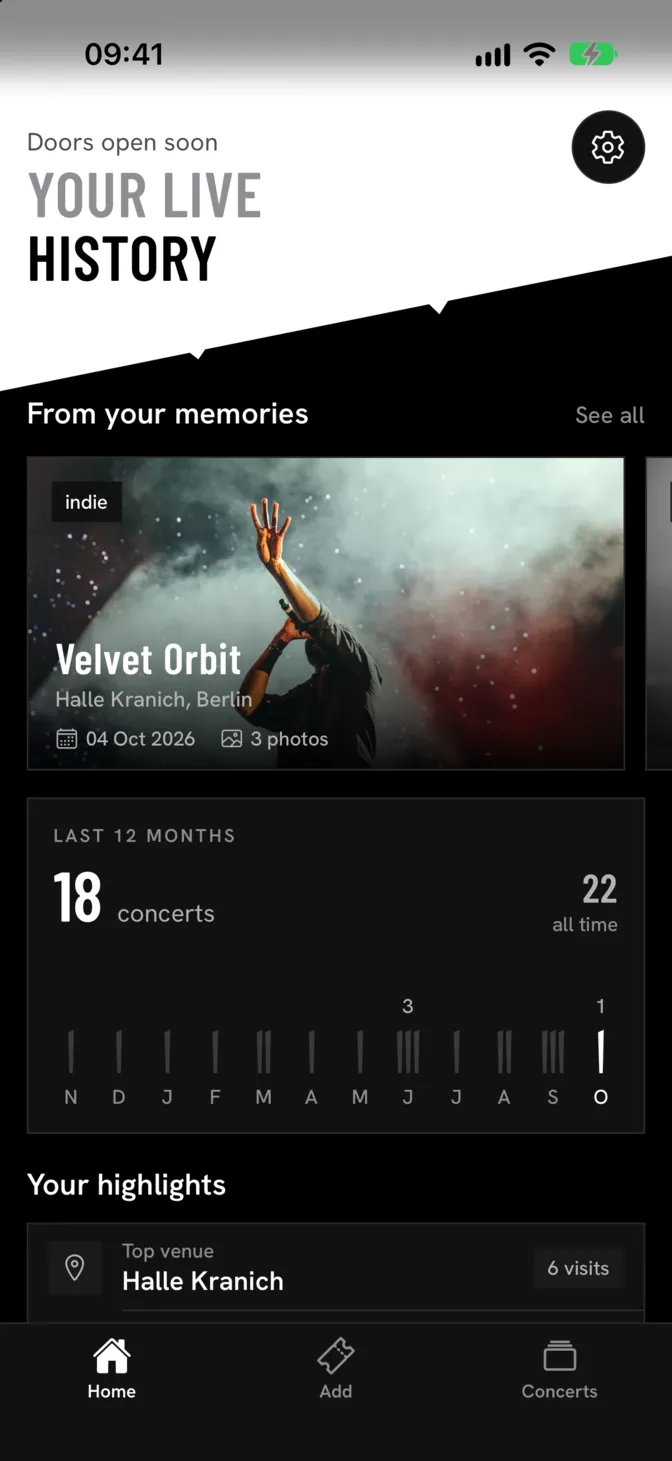 The sawthem.live home screen on an iPhone with your latest concert and your last 12 months