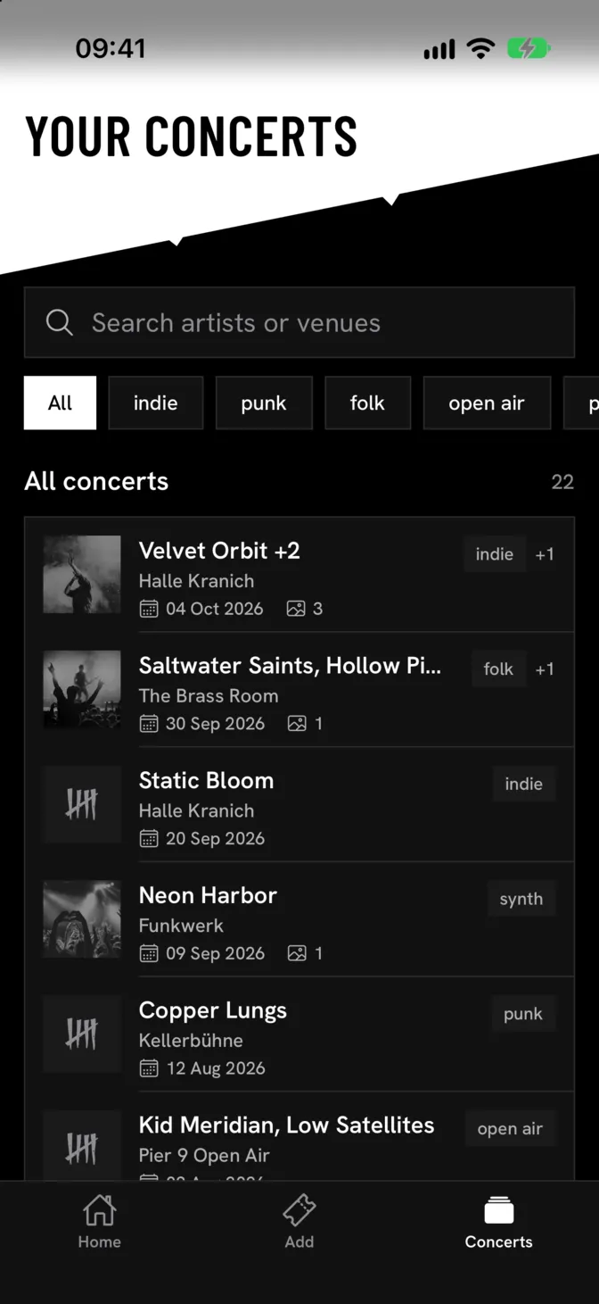 Concert list with search, tag filters and every show with date, location and photo count